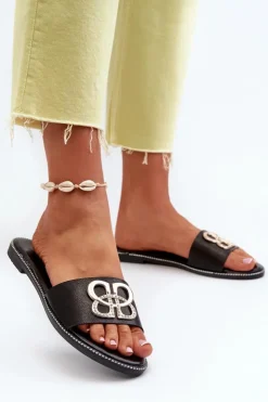 Damskie Boto Klapki Damskie Z Ozdobą Eko Skórzane Na Płaskim Obcasie Czarne Sadria