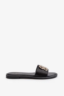 Damskie Boto Klapki Damskie Z Ozdobą Eko Skórzane Na Płaskim Obcasie Czarne Sadria