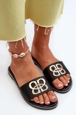 Damskie Boto Klapki Damskie Z Ozdobą Eko Skórzane Na Płaskim Obcasie Czarne Sadria