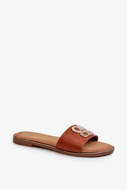 Damskie Boto Klapki Damskie Z Ozdobą Eko Skórzane Na Płaskim Obcasie Brązowe Sadria