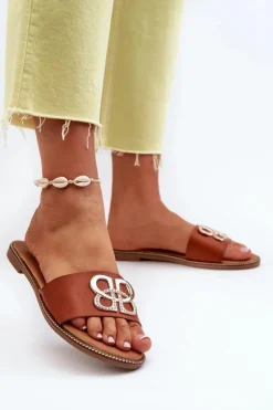 Damskie Boto Klapki Damskie Z Ozdobą Eko Skórzane Na Płaskim Obcasie Brązowe Sadria