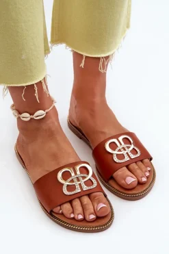 Damskie Boto Klapki Damskie Z Ozdobą Eko Skórzane Na Płaskim Obcasie Brązowe Sadria