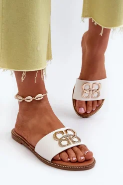 Boto Klapki Damskie Klasyczne*Klapki Damskie Z Ozdobą Eko Skórzane Na Płaskim Obcasie Białe Sadria