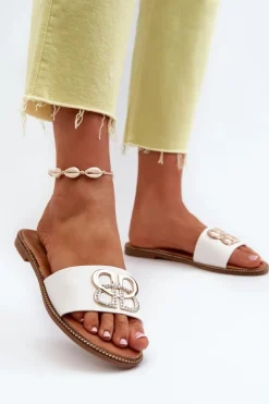 Boto Klapki Damskie Klasyczne*Klapki Damskie Z Ozdobą Eko Skórzane Na Płaskim Obcasie Białe Sadria