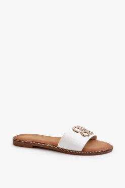 Boto Klapki Damskie Klasyczne*Klapki Damskie Z Ozdobą Eko Skórzane Na Płaskim Obcasie Białe Sadria