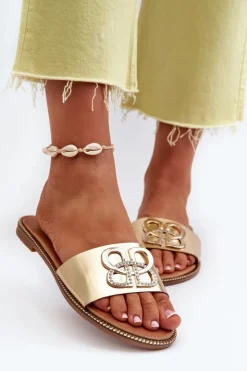 Boto Klapki Damskie Klasyczne*Klapki Damskie Z Ozdobą Eko Skórzane Na Płaskim Obcasie Złote Sadria