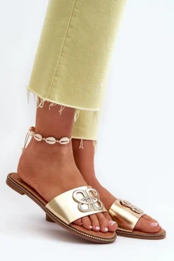 Boto Klapki Damskie Klasyczne*Klapki Damskie Z Ozdobą Eko Skórzane Na Płaskim Obcasie Złote Sadria