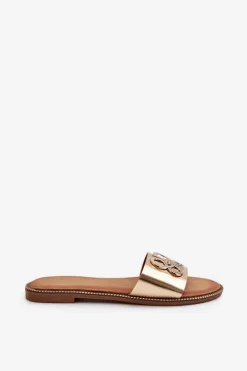 Boto Klapki Damskie Klasyczne*Klapki Damskie Z Ozdobą Eko Skórzane Na Płaskim Obcasie Złote Sadria