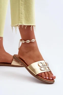 Boto Klapki Damskie Klasyczne*Klapki Damskie Z Ozdobą Eko Skórzane Na Płaskim Obcasie Złote Sadria