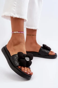 Damskie Boto Klapki Damskie Z Ozdobą Na Niskiej Platformie Czarne Cedrella