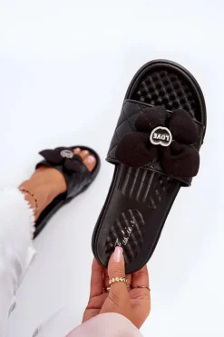 Damskie Boto Klapki Damskie Z Ozdobą Na Niskiej Platformie Czarne Cedrella