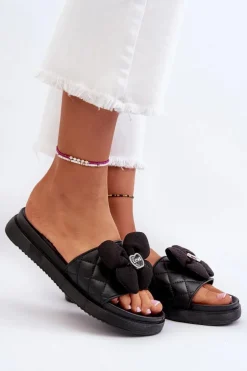 Damskie Boto Klapki Damskie Z Ozdobą Na Niskiej Platformie Czarne Cedrella