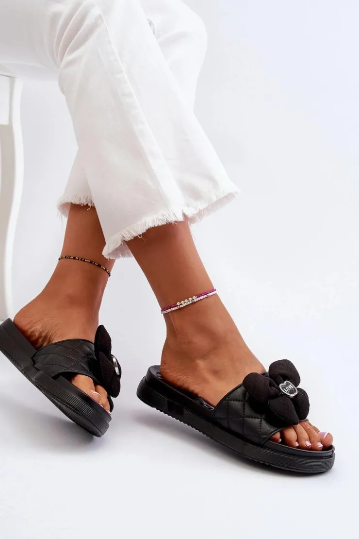 Damskie Boto Klapki Damskie Z Ozdobą Na Niskiej Platformie Czarne Cedrella