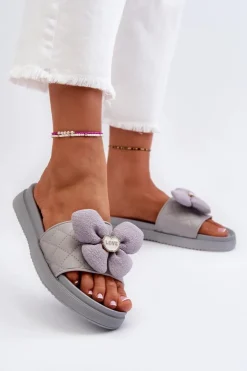 Outlet Boto Klapki Damskie Z Ozdobą Na Niskiej Platformie Szare Cedrella Szary