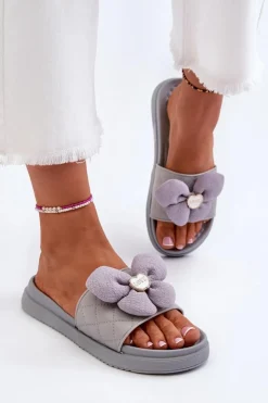 Outlet Boto Klapki Damskie Z Ozdobą Na Niskiej Platformie Szare Cedrella Szary