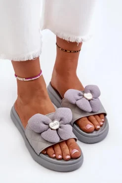 Outlet Boto Klapki Damskie Z Ozdobą Na Niskiej Platformie Szare Cedrella Szary