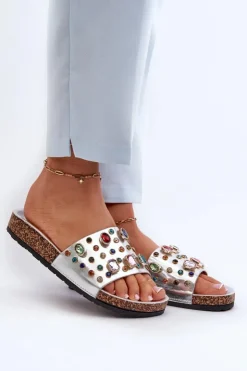 Hot Damskie buty S.Barski Klapki Damskie Z Ozdobami S.Barski MY122 Srebrne