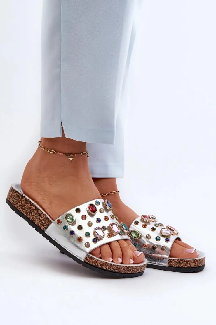 Hot Damskie buty S.Barski Klapki Damskie Z Ozdobami S.Barski MY122 Srebrne