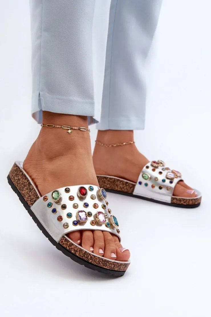 Hot Damskie buty S.Barski Klapki Damskie Z Ozdobami S.Barski MY122 Srebrne