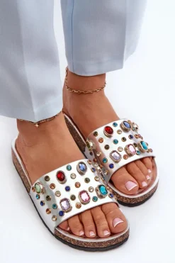 Hot Damskie buty S.Barski Klapki Damskie Z Ozdobami S.Barski MY122 Srebrne