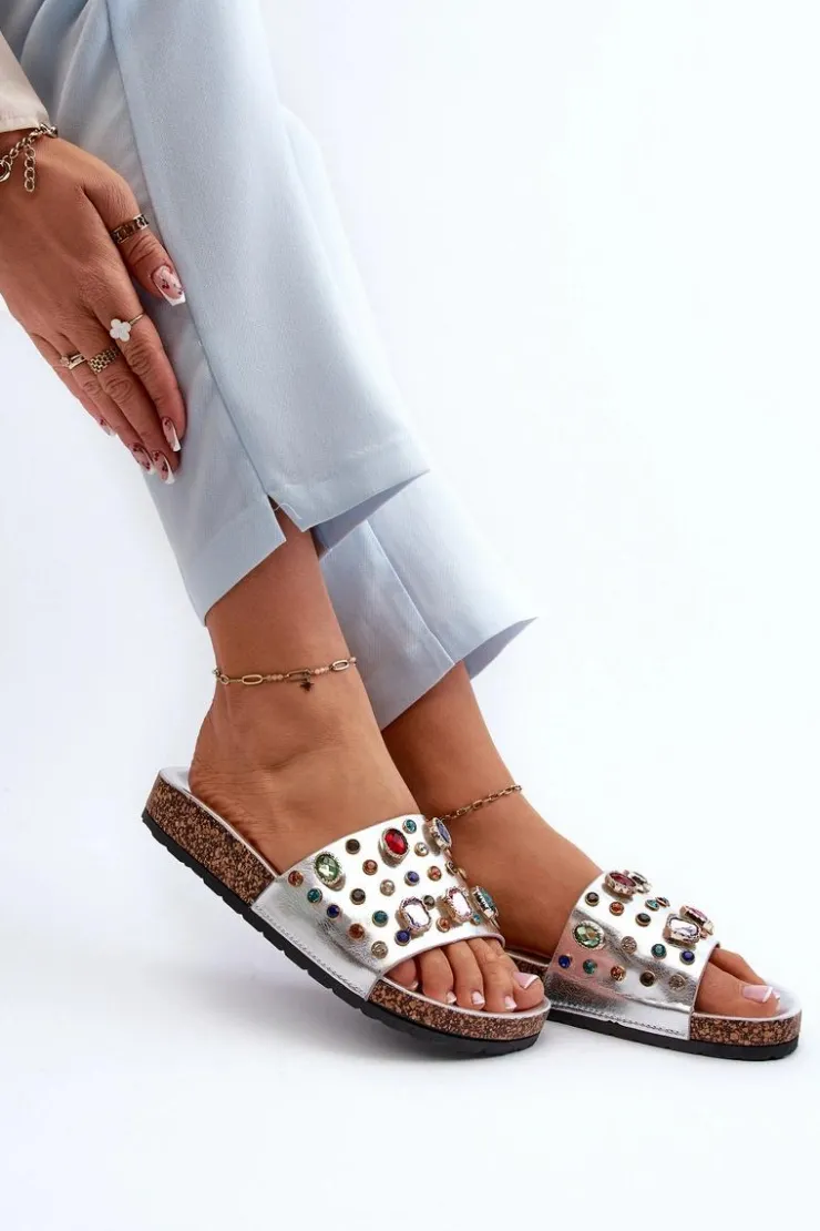Hot Damskie buty S.Barski Klapki Damskie Z Ozdobami S.Barski MY122 Srebrne