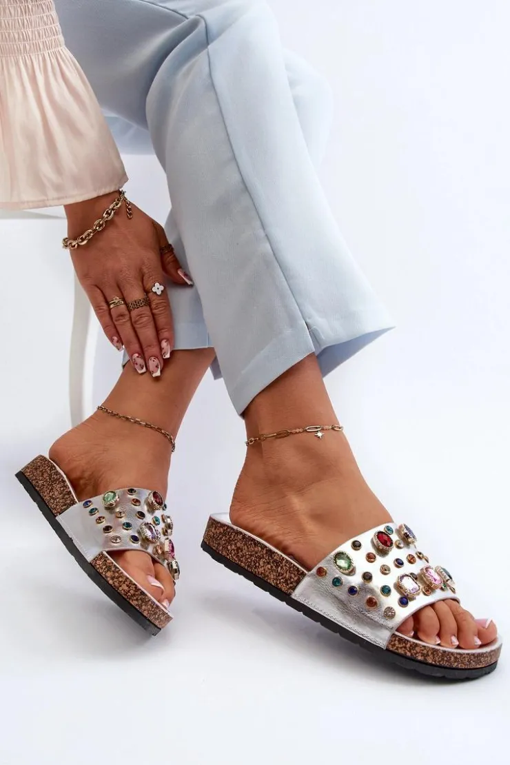 Hot Damskie buty S.Barski Klapki Damskie Z Ozdobami S.Barski MY122 Srebrne