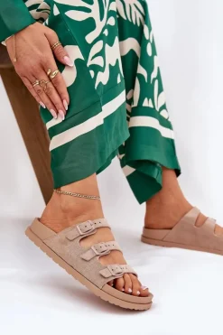 Outlet Boto Klapki Damskie Z Paskami I Klamrami Beżowe Uliri Beżowy