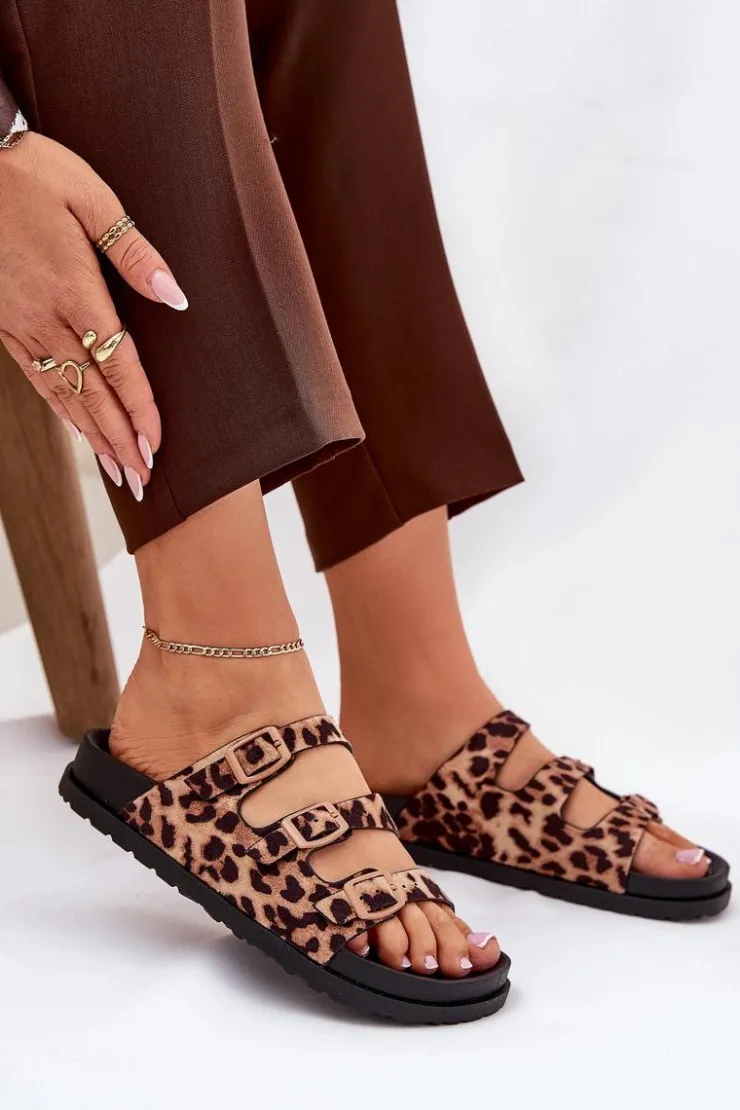 Damskie Boto Klapki Damskie Z Paskami I Klamrami W Panterkę Brązowe Uliri