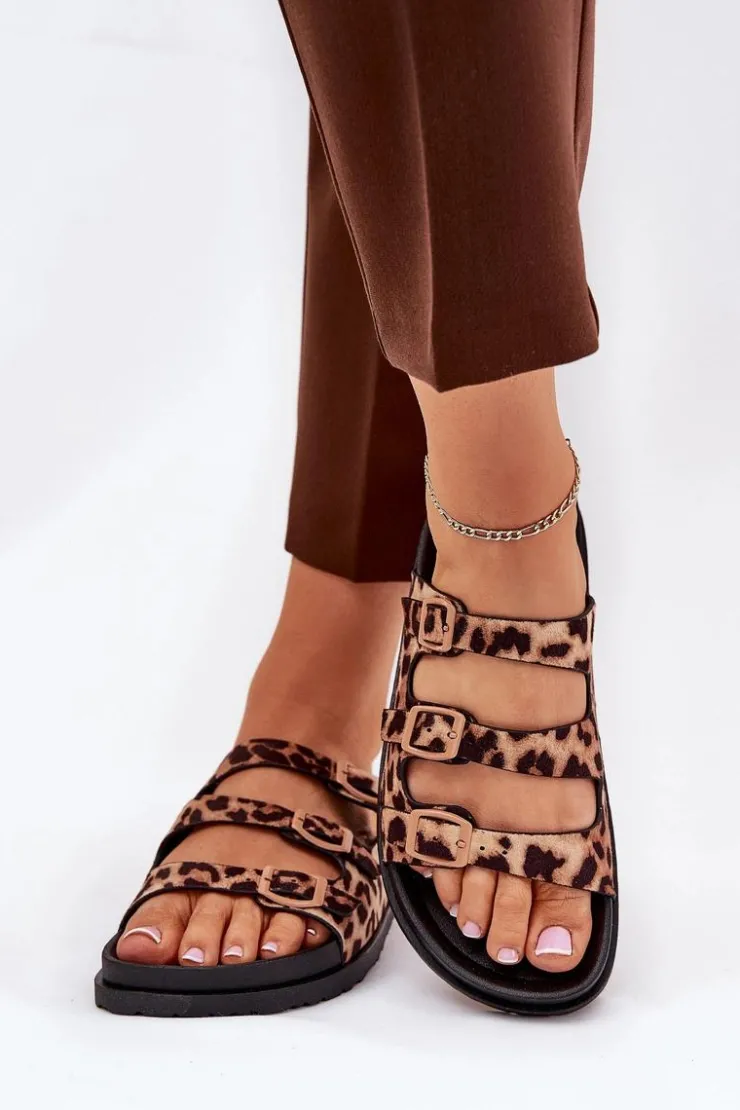 Damskie Boto Klapki Damskie Z Paskami I Klamrami W Panterkę Brązowe Uliri