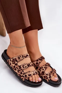 Damskie Boto Klapki Damskie Z Paskami I Klamrami W Panterkę Brązowe Uliri