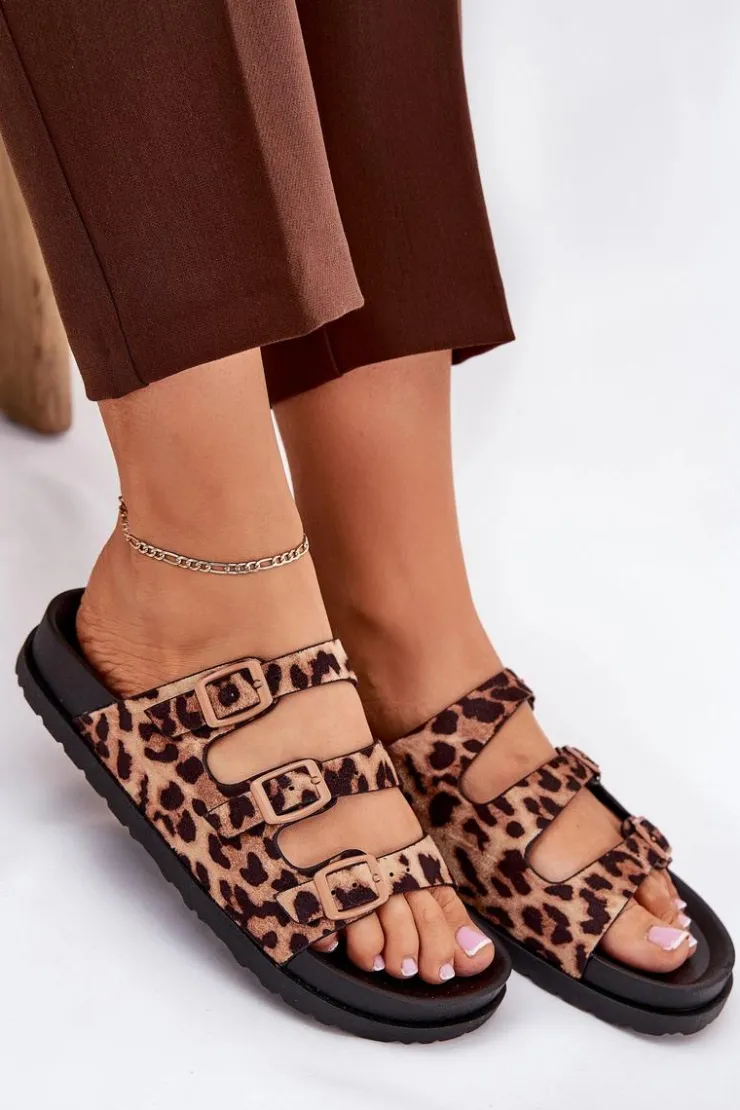 Damskie Boto Klapki Damskie Z Paskami I Klamrami W Panterkę Brązowe Uliri