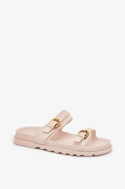 New Boto Klapki Damskie Z Paskami I Złotymi Klamrami Jasnobeżowe Selana