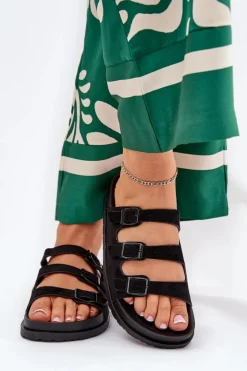 Damskie Boto Klapki Damskie Z Paskami I Klamrami Czarne Uliri