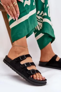 Damskie Boto Klapki Damskie Z Paskami I Klamrami Czarne Uliri