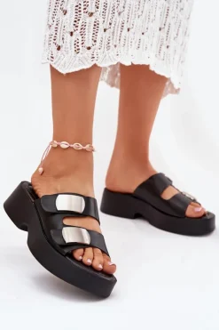 Boto Klapki Na Platformie|Klapki Damskie Klasyczne*Klapki Damskie Z Paskami Eko Skórzane Czarne Falenisse