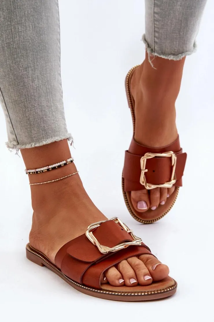 Sale Boto Klapki Damskie Z Paskiem I Klamrą Camel Opahiri