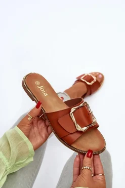 Sale Boto Klapki Damskie Z Paskiem I Klamrą Camel Opahiri