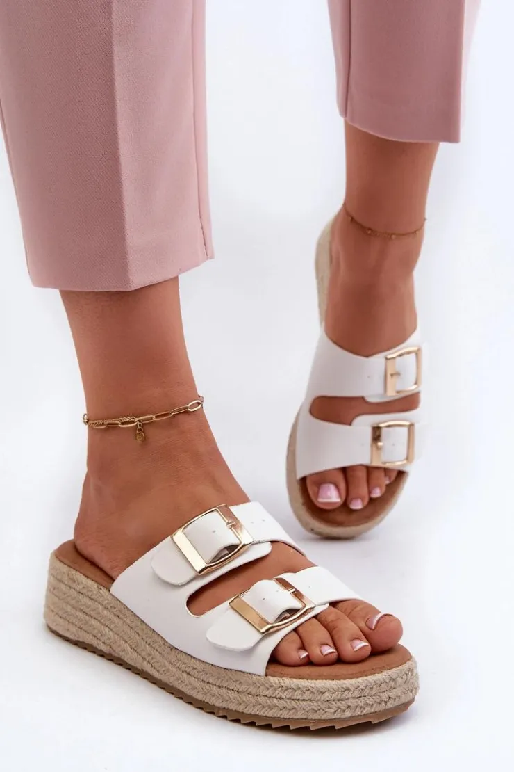 Clearance Boto Klapki Damskie Z Plecionką Eko Skórzane Białe Zaloemi Biały