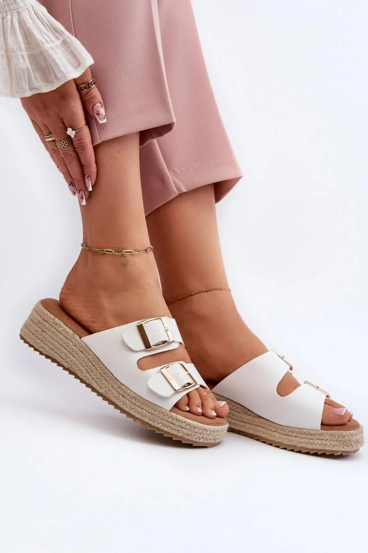 Clearance Boto Klapki Damskie Z Plecionką Eko Skórzane Białe Zaloemi Biały