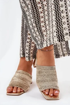 Damskie Boto Klapki Damskie Z Plecionką Na Obcasie Złote Ciariloria