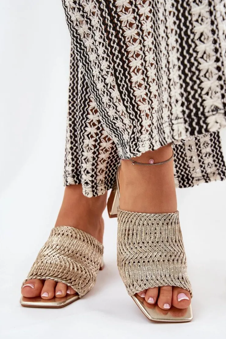 Damskie Boto Klapki Damskie Z Plecionką Na Obcasie Złote Ciariloria