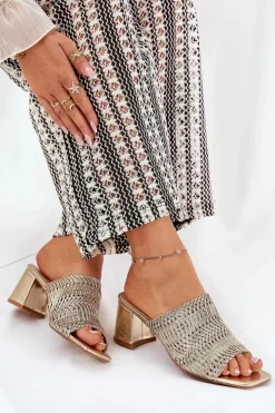 Damskie Boto Klapki Damskie Z Plecionką Na Obcasie Złote Ciariloria