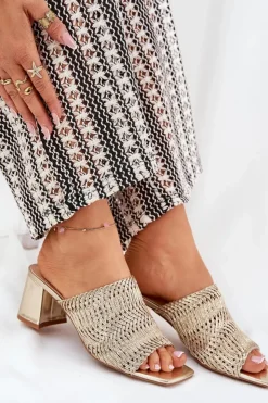 Damskie Boto Klapki Damskie Z Plecionką Na Obcasie Złote Ciariloria