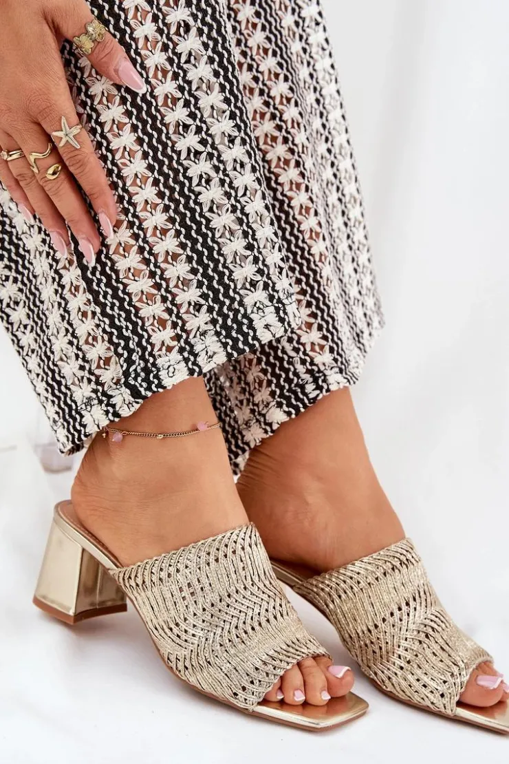 Damskie Boto Klapki Damskie Z Plecionką Na Obcasie Złote Ciariloria