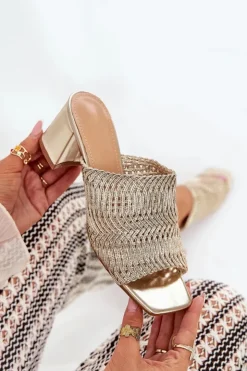 Damskie Boto Klapki Damskie Z Plecionką Na Obcasie Złote Ciariloria