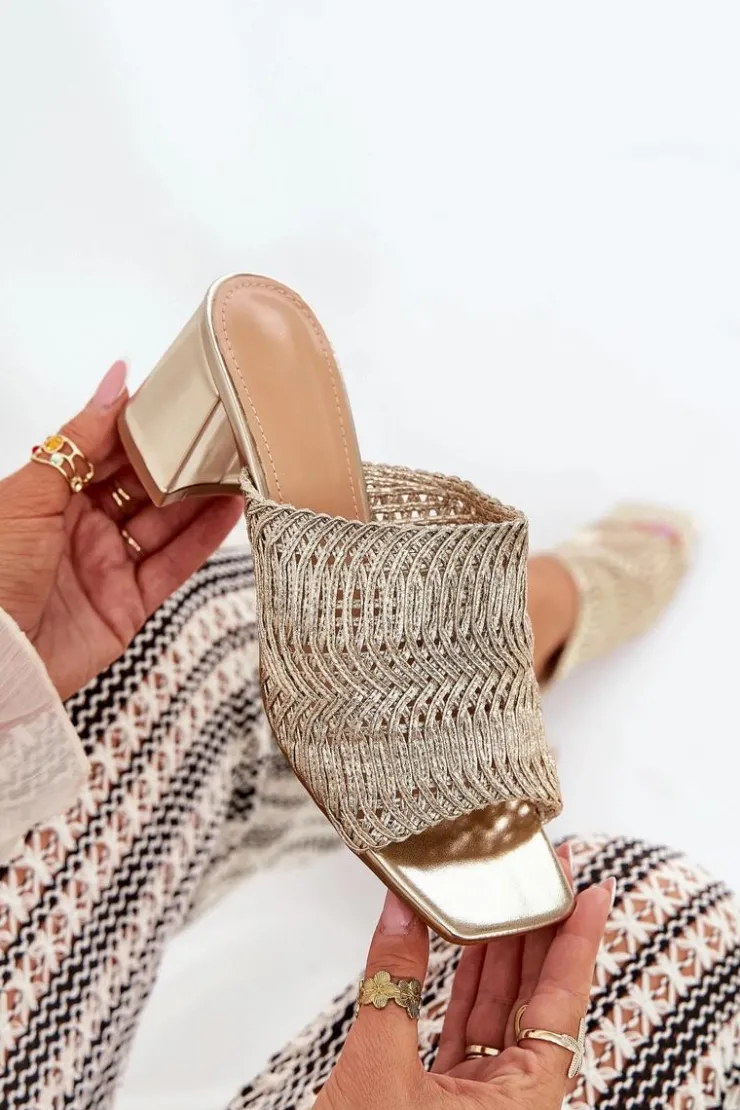 Damskie Boto Klapki Damskie Z Plecionką Na Obcasie Złote Ciariloria