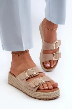 Damskie Boto Klapki Damskie Z Plecionką Eko Zamszowe Beżowe Zaloemi