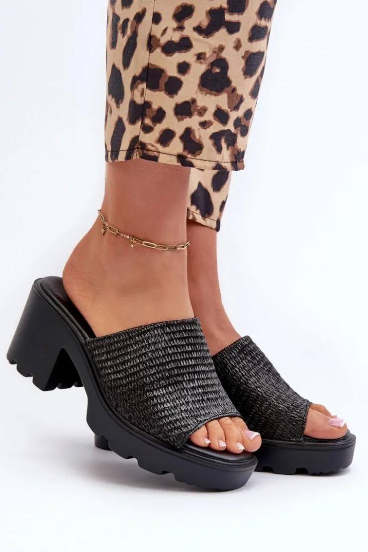 Damskie Evento Klapki Damskie z Plecionką Na Obcasie Czarne Titantha