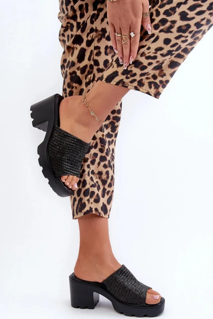 Damskie Evento Klapki Damskie z Plecionką Na Obcasie Czarne Titantha