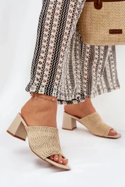 Discount Boto Klapki Damskie Z Plecionką Na Obcasie Beżowe Ciariloria Beżowy